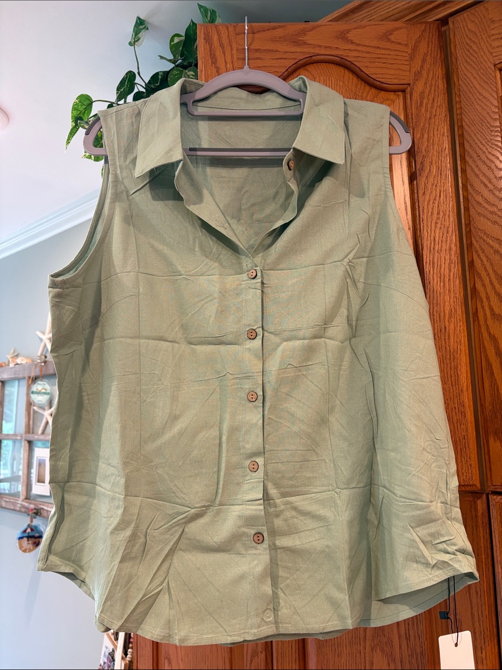 NWT-Sleeveless Button-Down Top in Sage Green - Size L